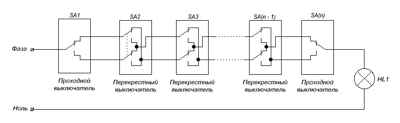 Управление светом из трех мест схема